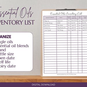 Pode incluir: Uma prancheta com uma "Lista de Inventário de Óleos Essenciais" impressa. A lista inclui colunas para marcas de óleos essenciais, tamanhos de frascos e datas de validade. O título é "Essential Oils Inventory List".