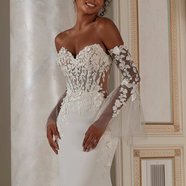 Detachable wedding sleeves,bell sleeve tie detail top, tulle sleeves with lace appliques .