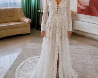 Boho Lace Wedding Jumpsuit, Deep V Neck, Bell Sleeves, Beach Bridal Gown