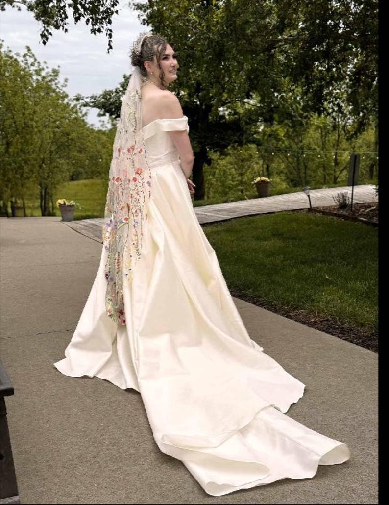 Back view of satin overskirt real bride