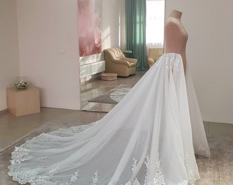 Detachable glitter tulle wedding train decorated lace around waist and the bottom of overskirt, Removable train, Wedding overskirt