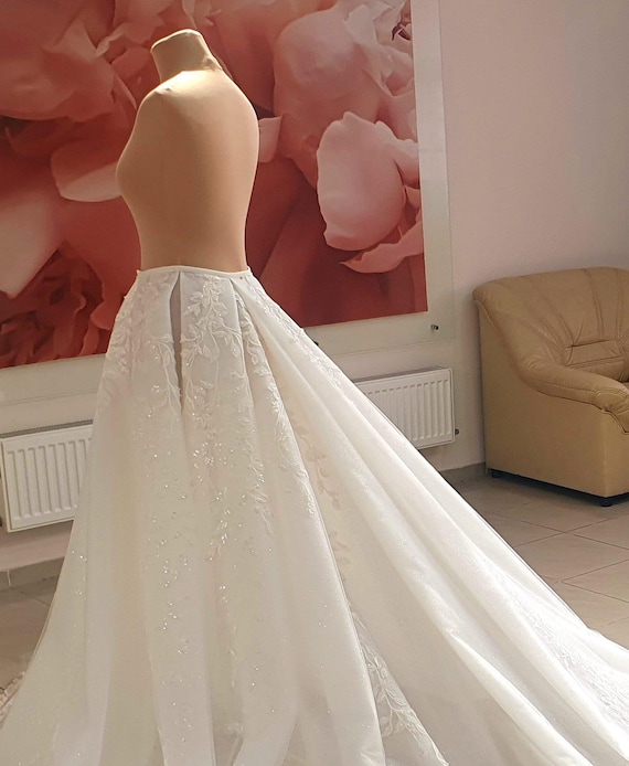 Detachable overskirt handmade train tulle skirt cathedral wedding  floral lace overskirt