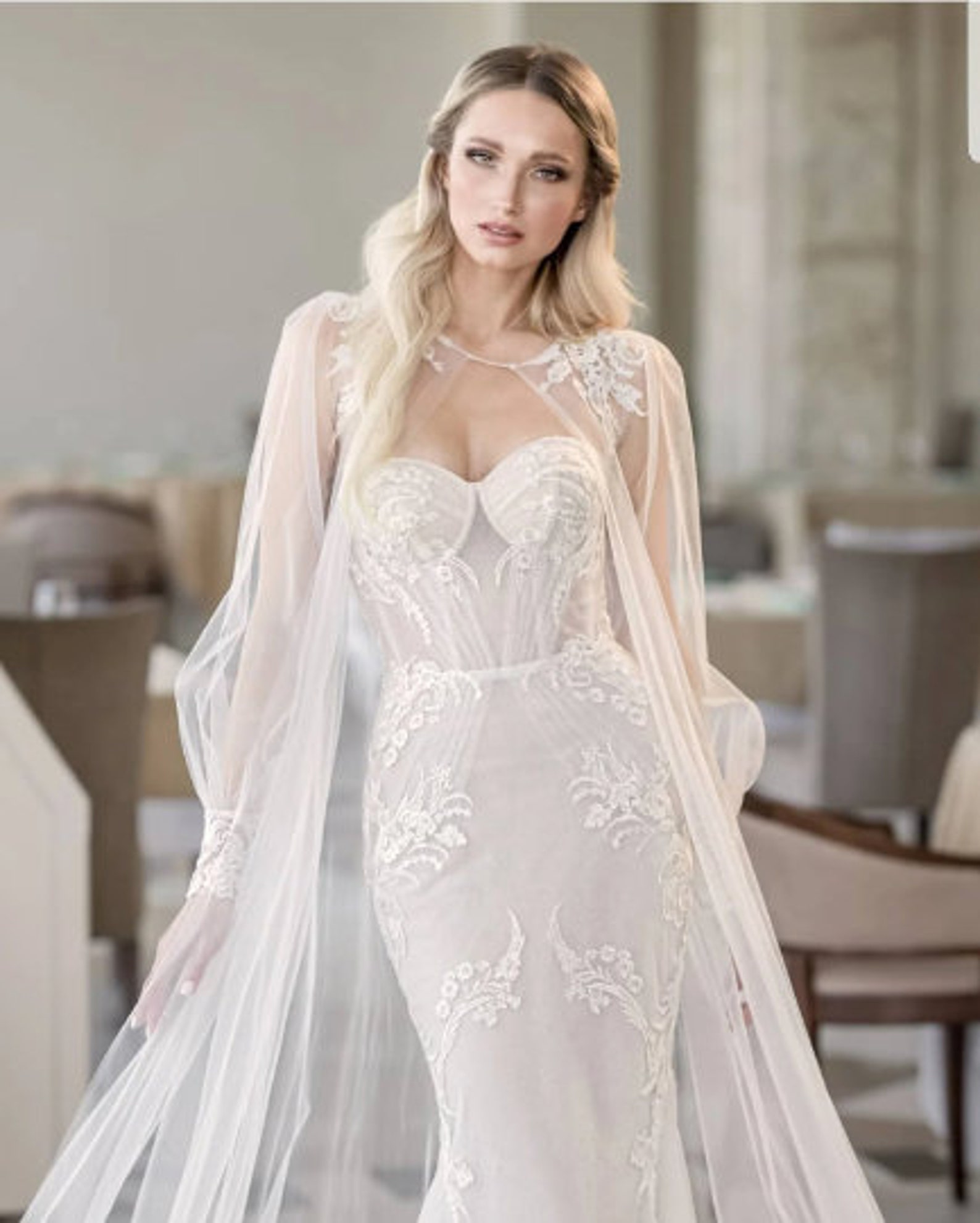 Traditional Bridal Long Lace Cape main image 1