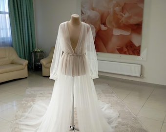 Ivory Tulle Bridal Boudoir Robe, Sheer Wedding Gown