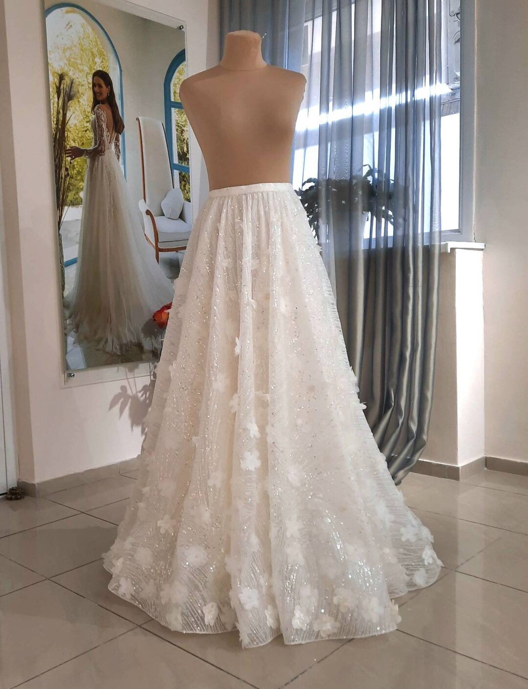 3 D Floral Lace Wedding Skirt, Bridal Skirt, Detachable Wedding Skirt Separates, Puffy Skirt