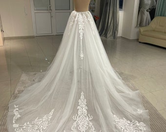 Detachable tulle wedding train, decorated with lace at the waist and along the bottom of the overskirt, Detachable train, Wedding overskirt