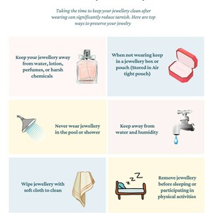 Pu&ograve; includere: Un'infografica colorata con consigli su come prendersi cura dei gioielli. L'infografica include illustrazioni di un flacone di profumo, una scatola per gioielli, una doccia, un rubinetto, un asciugamano e un letto. Il testo sull'infografica recita: "Consigli per la cura dei gioielli", "Tieni i tuoi gioielli lontani dall'acqua, dalla lozione, dai profumi o dai prodotti chimici aggressivi", "Quando non li indossi, conservali in una scatola per gioielli o in una borsa (conservati in un sacchetto ermetico)", "Non indossare mai gioielli in piscina o sotto la doccia", "Tieni i gioielli lontani dall'acqua e dall'umidit&agrave;", "Pulisci i gioielli con un panno morbido", "Rimuovi i gioielli prima di andare a dormire o di partecipare ad attivit&agrave; fisiche".
