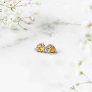 Pu&ograve; includere: Un paio di orecchini a forma di cuore in argento con una pietra preziosa gialla al centro e un'aureola di piccole pietre preziose chiare.