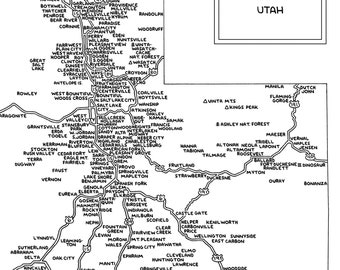 Road Map of Utah | Black & White | Digital, Printable Download