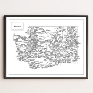 Carte routière de l'État de Washington | Autoroutes et autoroutes | Noir & Blanc | Téléchargement numérique et imprimable
