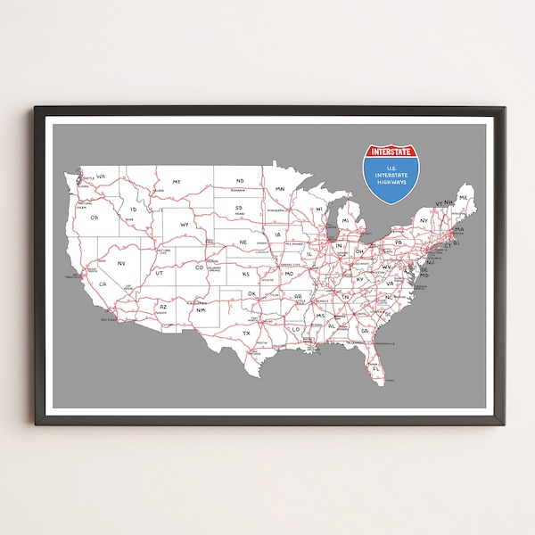 Hand-Drawn US Interstate Highway Map | Digital, Printable Download