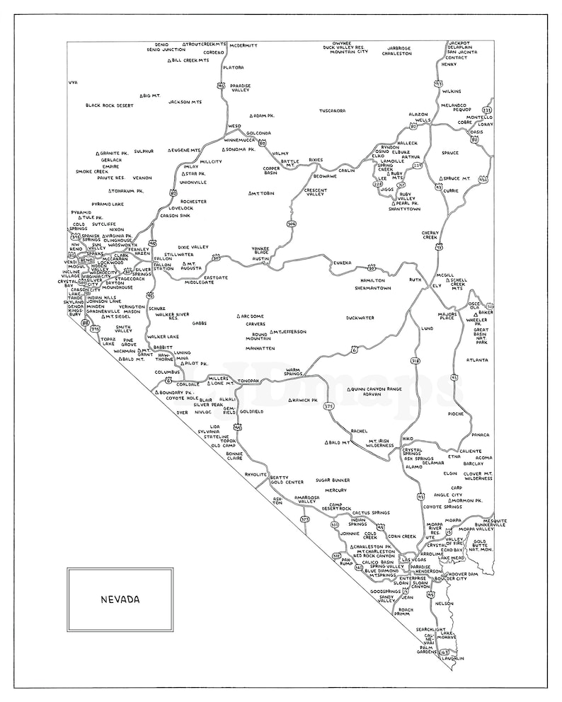 Road Map of Nevada Handdrawn, Black & White Digital, Printable