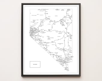 Road Map of Nevada | Hand-Drawn, Black & White | Digital, Printable Download