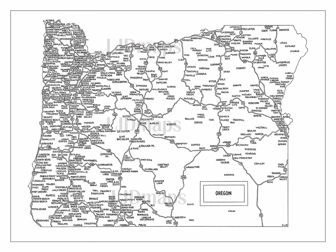 Hand-drawn Road Map of Oregon Highways Cities | Etsy UK