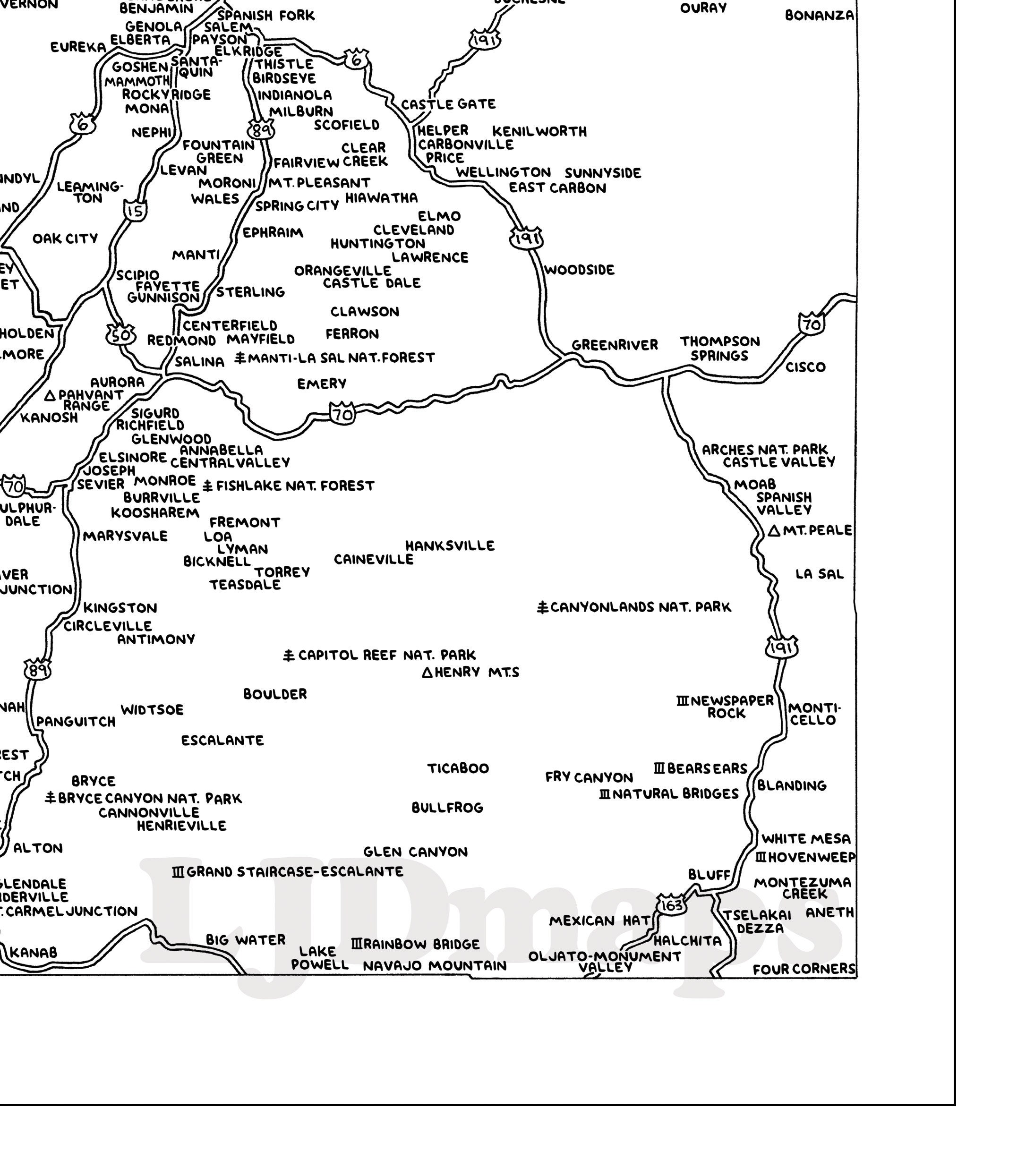 Road Map of Utah | Black &amp; White | Digital, Printable Download - Etsy