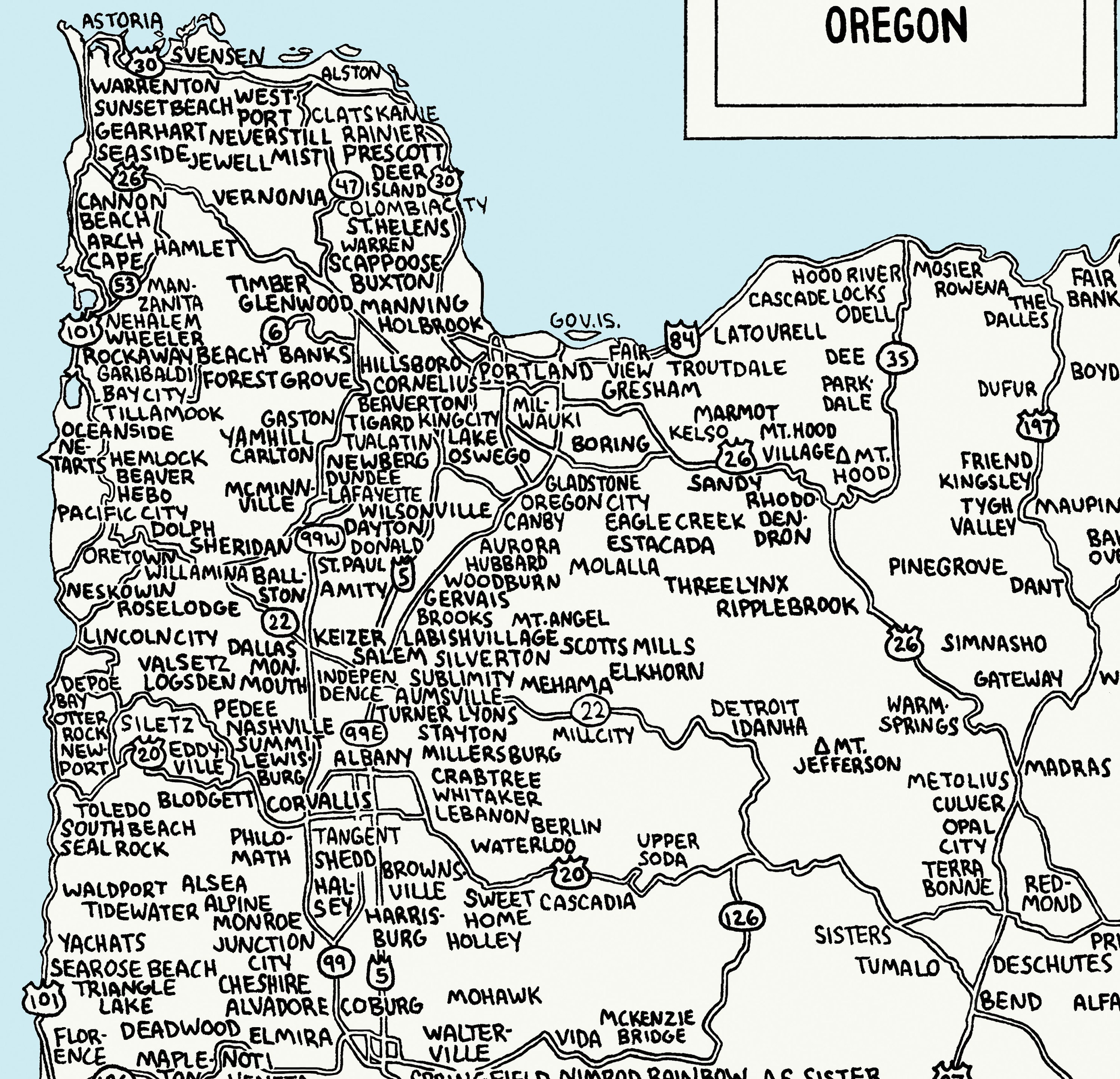 Road Map of Oregon Hand Drawn State Map Art Print | Etsy