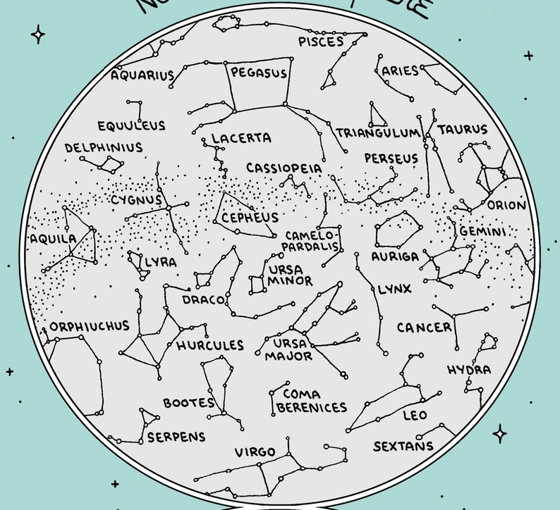 Map of the Constellations Star Chart Handdrawn Digital, Printable