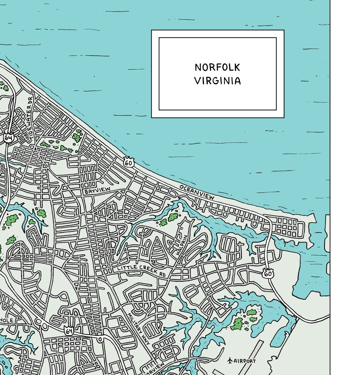 Road Map of Norfolk, Virginia Handdrawn Digital, Printable