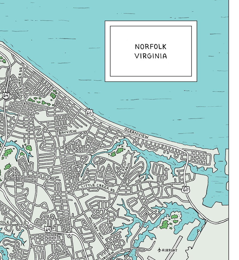 Road Map of Norfolk Virginia Handdrawn Digital Etsy