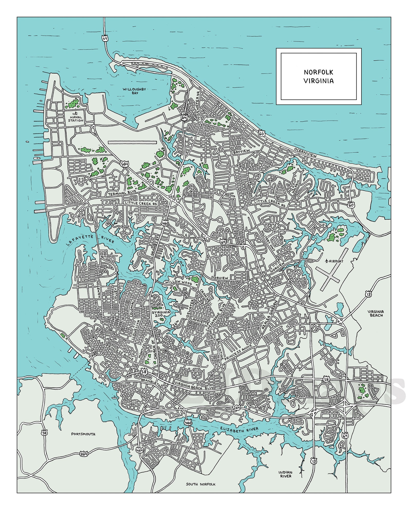 Road Map of Norfolk, Virginia Handdrawn Digital, Printable