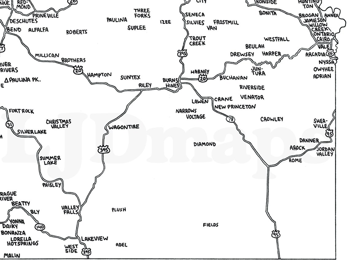 Road Map of Oregon | Hand-drawn, Black &amp; White | Digital, Printable ...