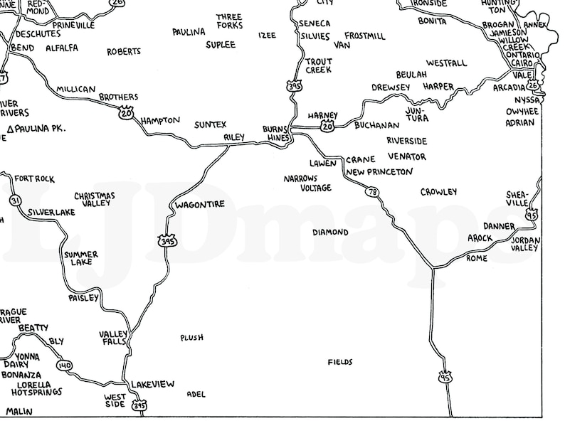 Road Map of Oregon | Hand-drawn, Black &amp; White | Digital, Printable ...