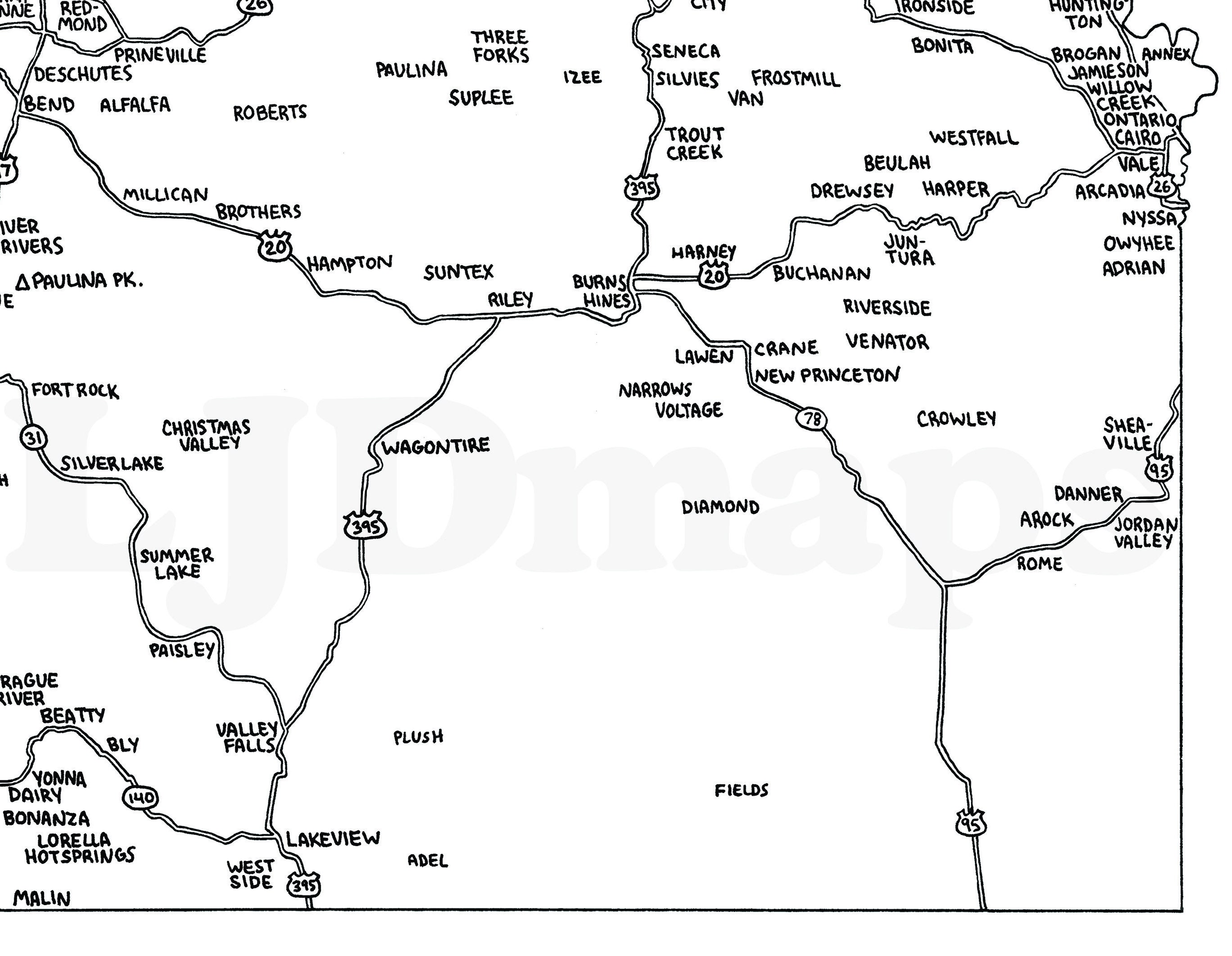 Road Map of Oregon | Hand-drawn, Black & White | Digital, Printable ...