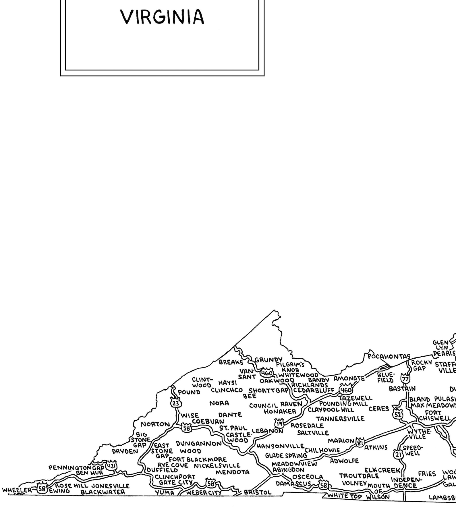 Road Map of Virginia | Hand-drawn, Black &amp; White | Digital, Printable ...