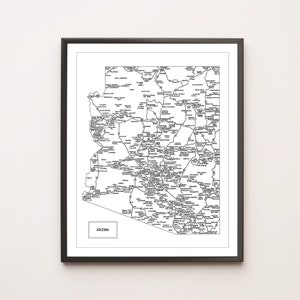 Carte routière de l’Arizona - Autoroutes d’État et inter-États | Dessin à la main, noir et blanc | Téléchargement numérique et imprimable