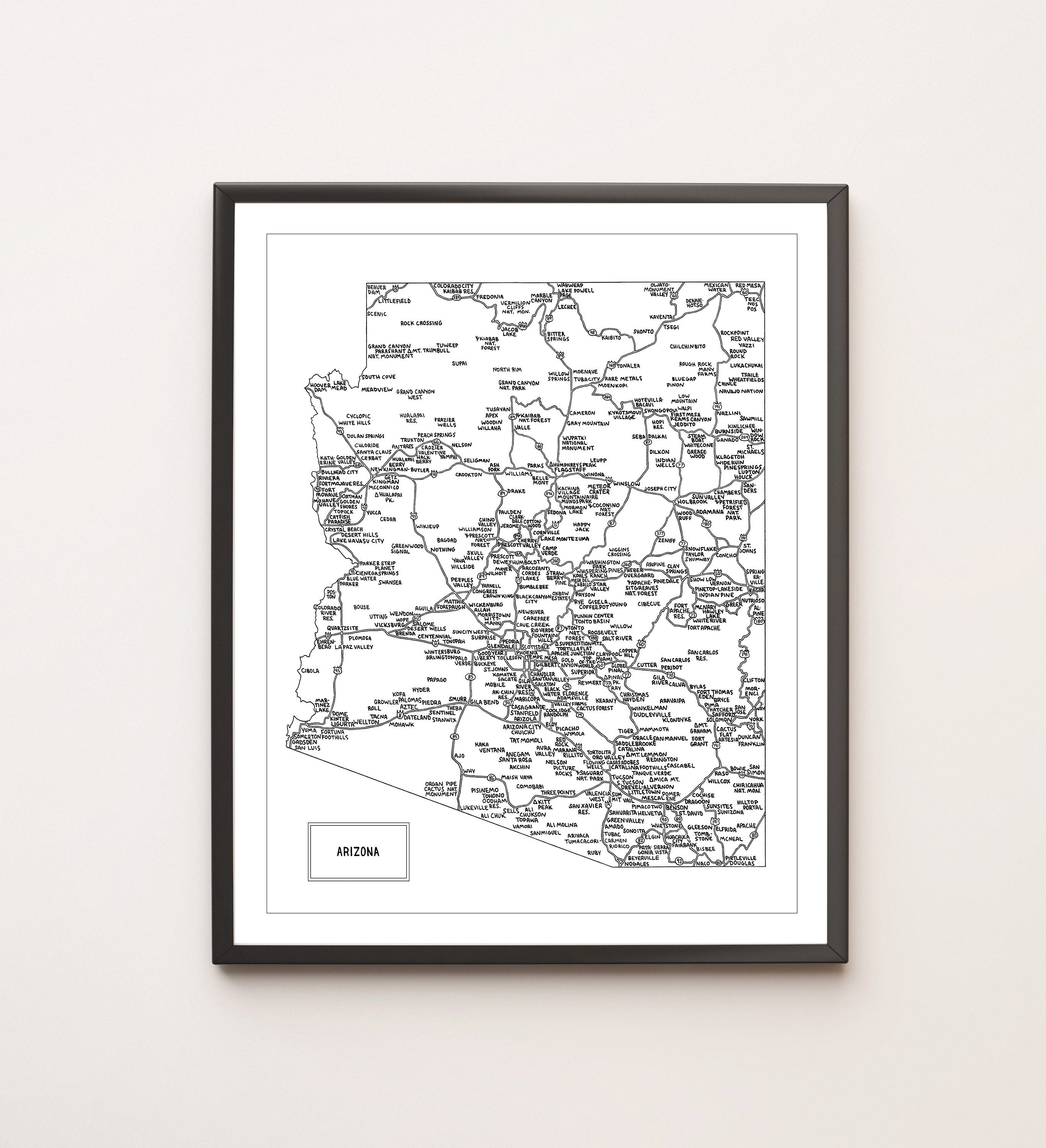 鉛筆画「A road to Arizona」　B5大サイズ Road Map of Arizona - State and Interstate Highways | Hand-drawn