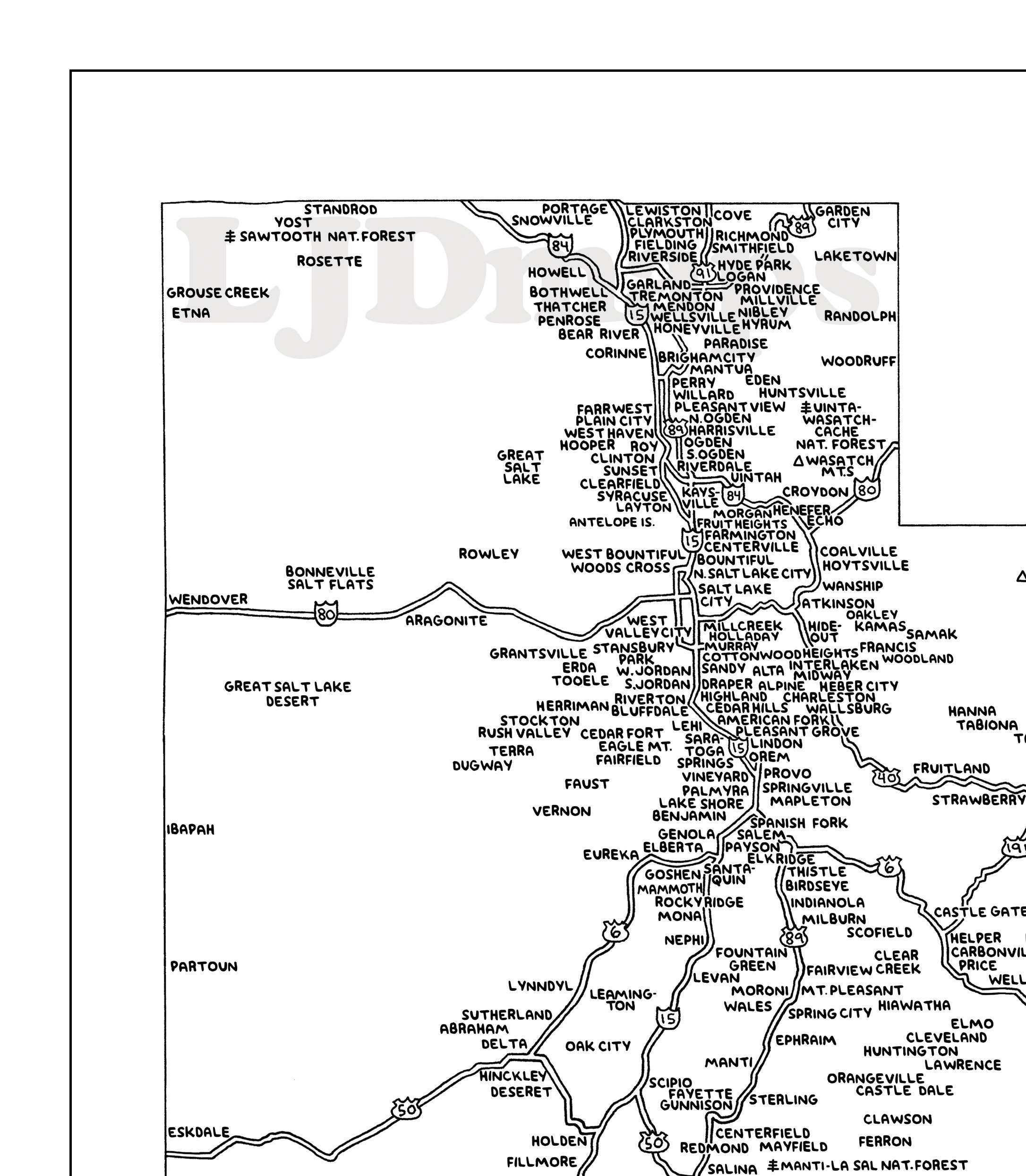 Road Map of Utah | Black &amp; White | Digital, Printable Download - Etsy