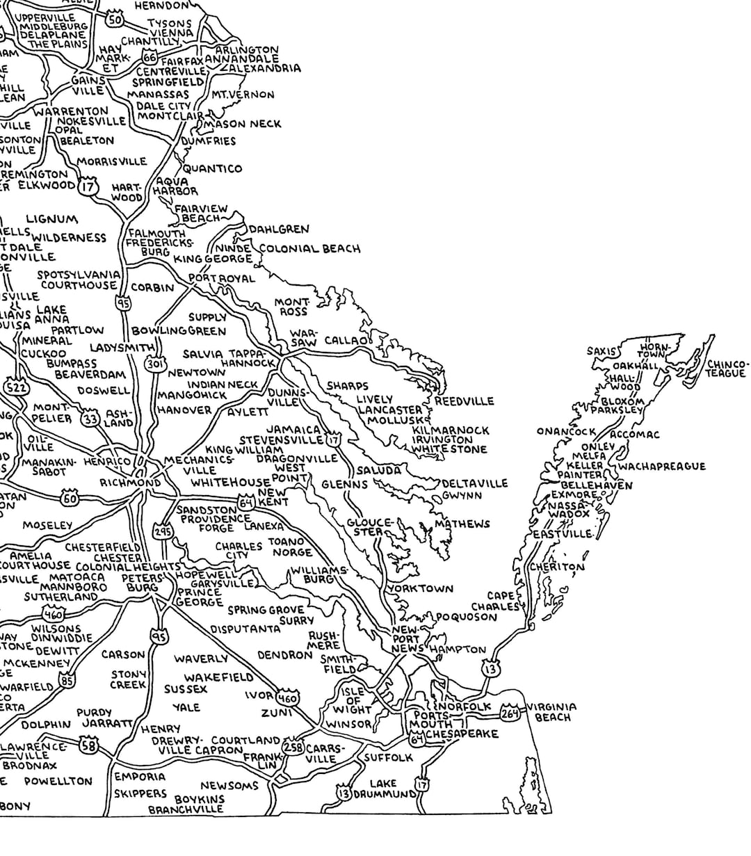 Road Map of Virginia Handdrawn, Black & White Digital, Printable