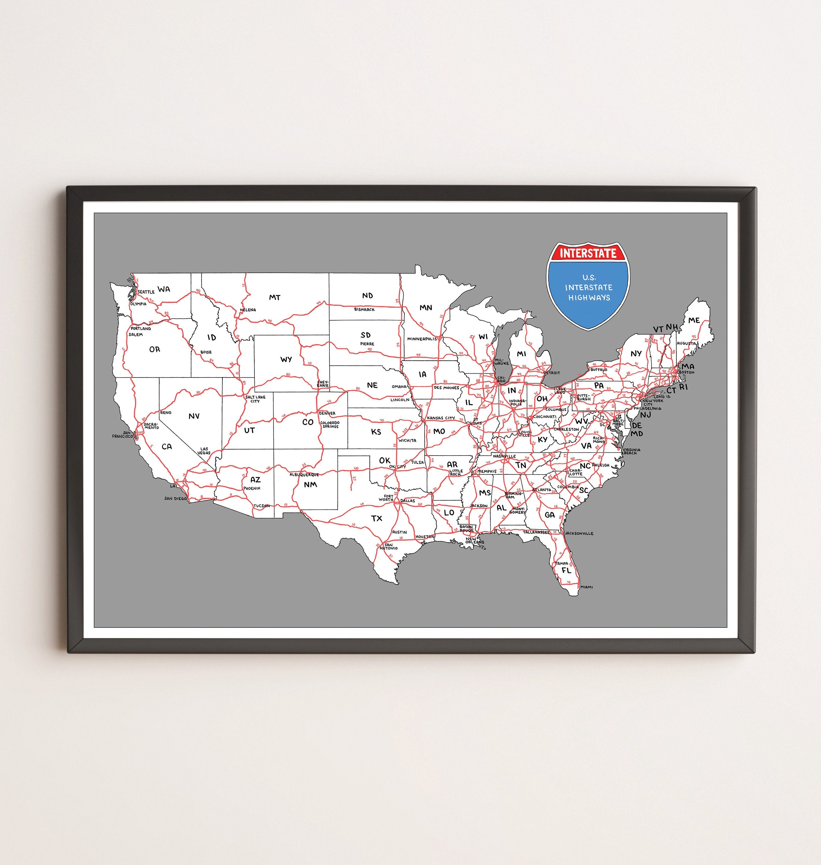 hand drawn us interstate highway map digital printable etsy