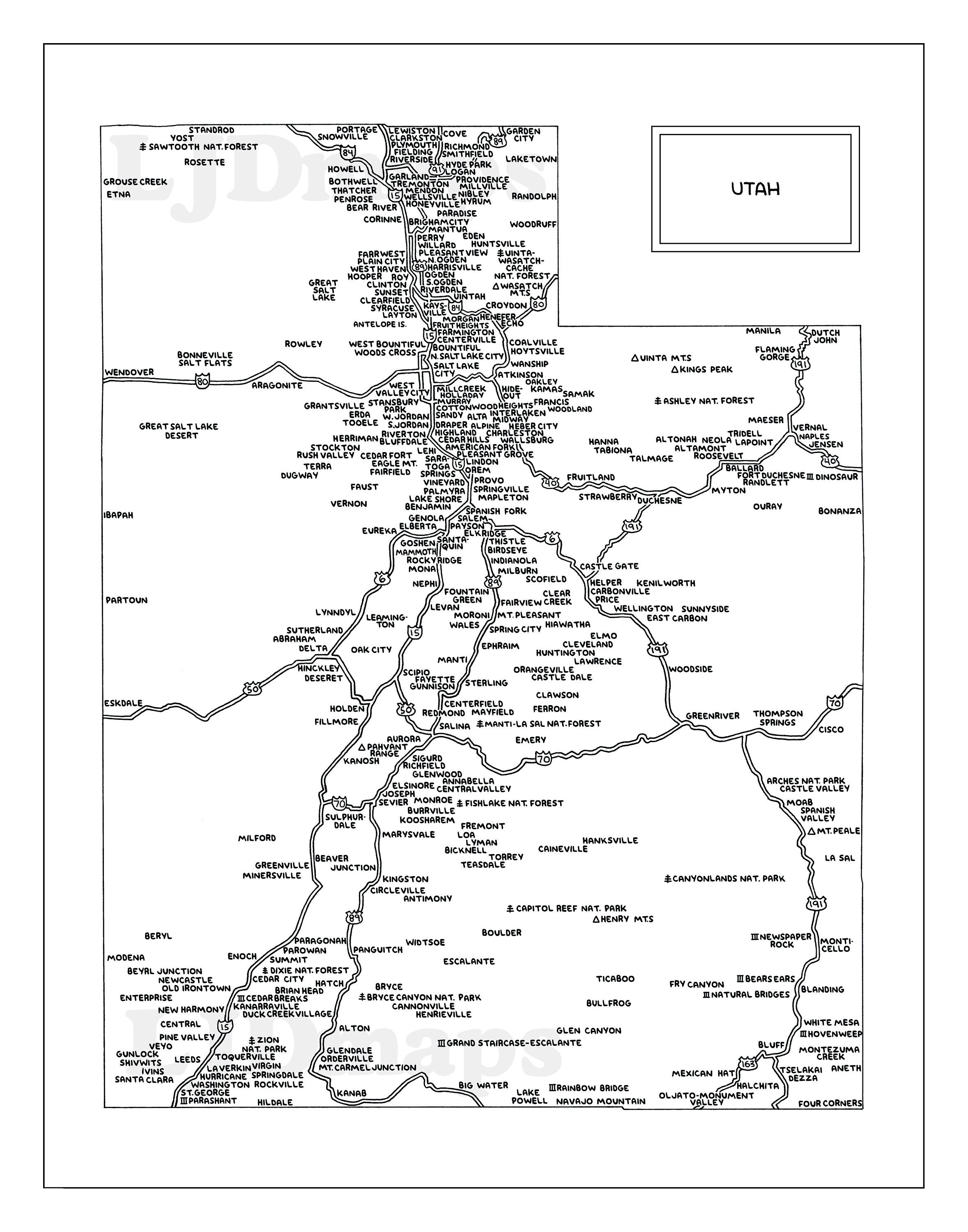 Road Map of Utah | Black &amp; White | Digital, Printable Download - Etsy