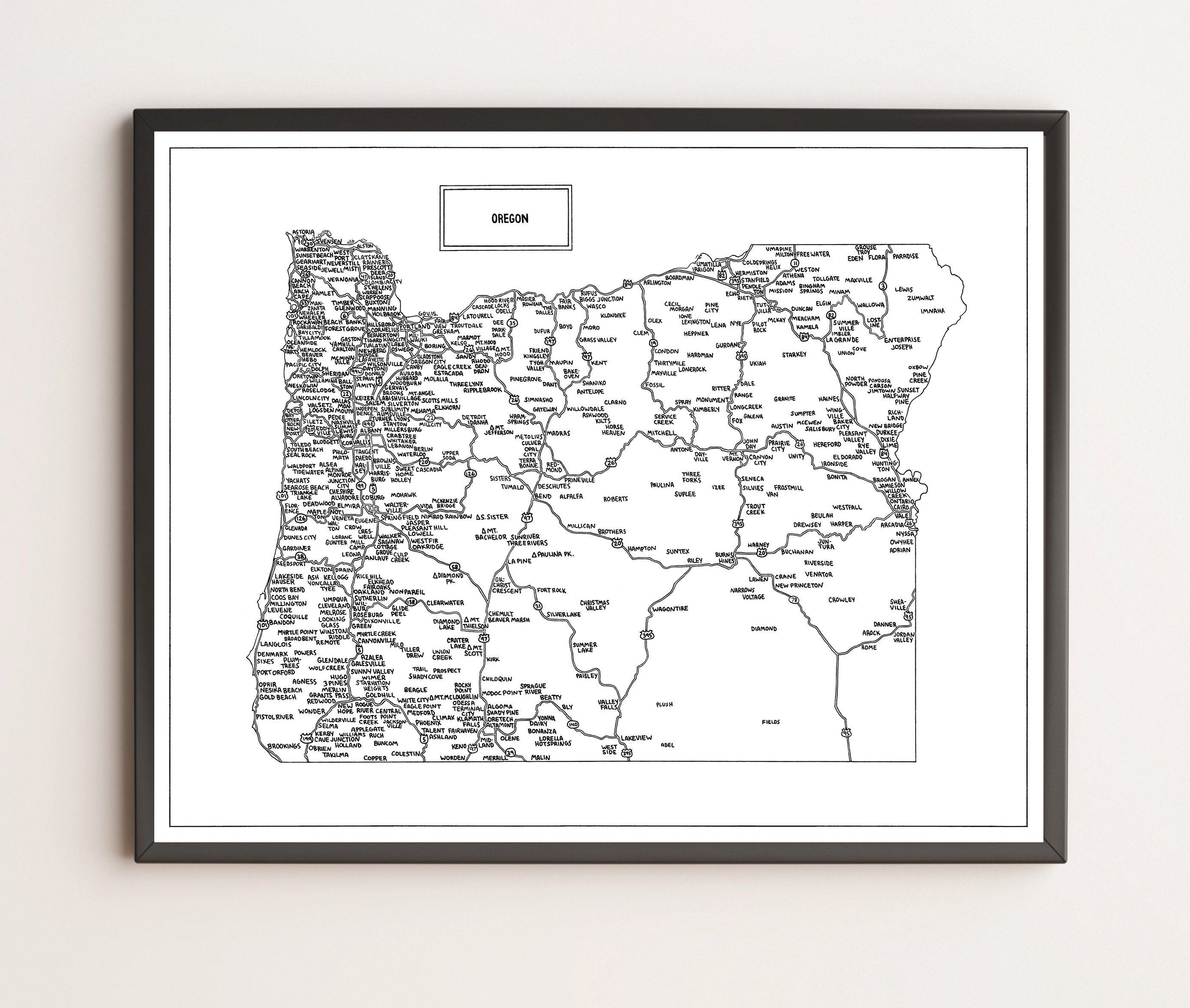 Road Map of Oregon Hand-drawn Black and White Digital pic