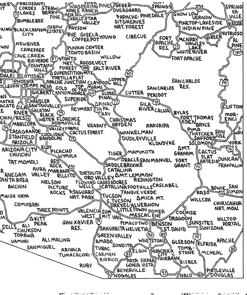 Road Map of Arizona State and Interstate Highways Handdrawn, Black