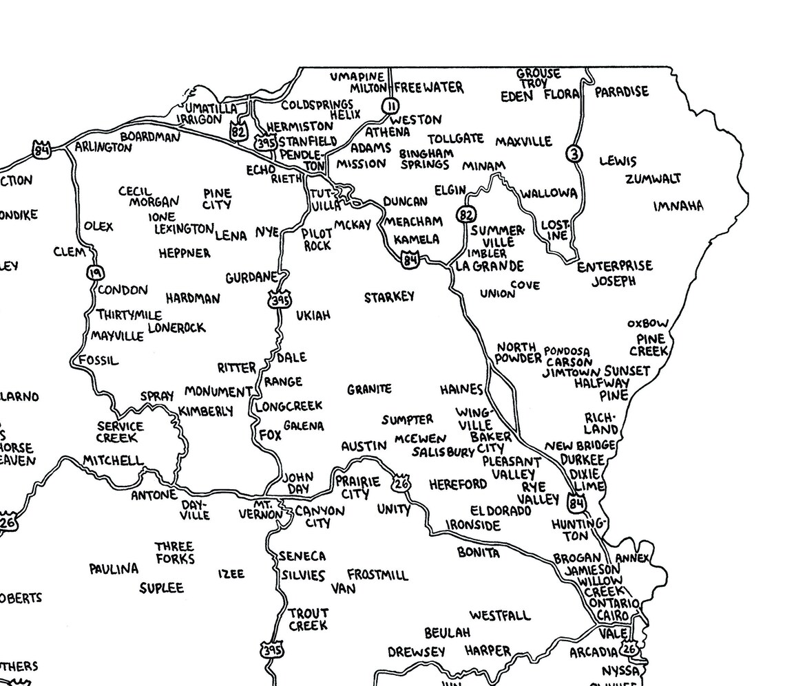 Road Map of Oregon | Hand-drawn, Black &amp; White | Digital, Printable ...