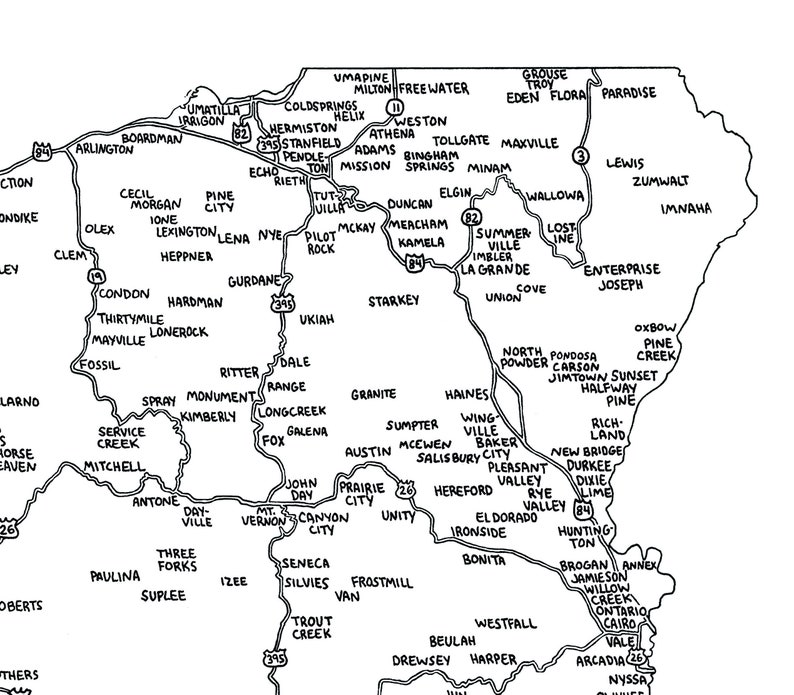 Road Map of Oregon | Hand-drawn, Black &amp; White | Digital, Printable ...