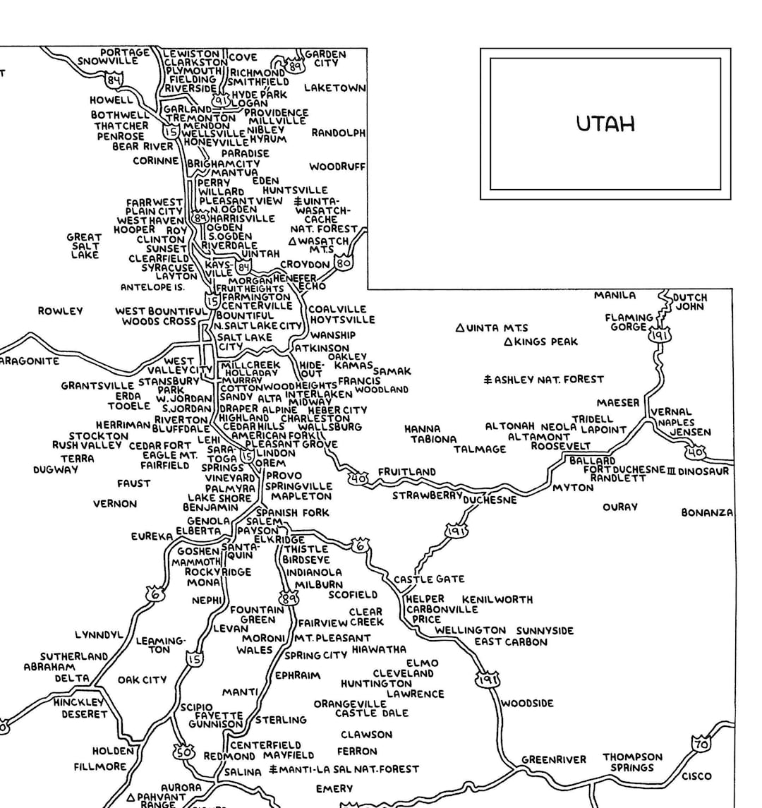 Road Map of Utah | Black &amp; White | Digital, Printable Download - Etsy
