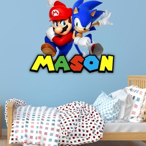 Personalized Super Mario and Sonic Hedgehog Wall Decal with Custom Name - Gaming Decor for Kids Room