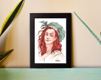 May include: A framed illustration of a person with long red hair wearing a green and white hat with a floral design. The person is looking to the right and smiling. The illustration is done in a watercolor style.
