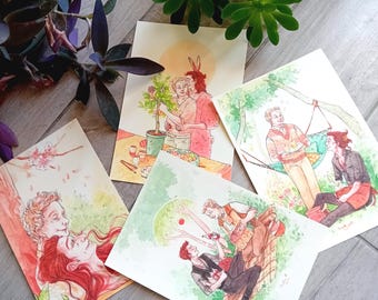 May include: A collection of watercolor art prints featuring romantic scenes. The illustrations depict couples in various settings, including a garden, a hammock, and a kitchen. The color palette includes soft pinks, greens, and oranges.