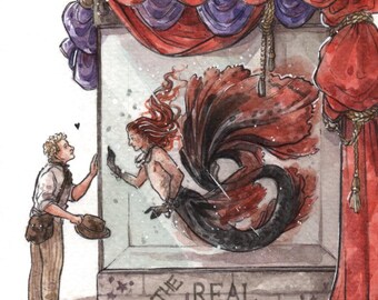 May include: Watercolor illustration of a mermaid in a display case, with a man looking at her. The mermaid has red hair and a black and red tail. The display case has the words "THE REAL" on it. Red curtains and purple drapes frame the scene.