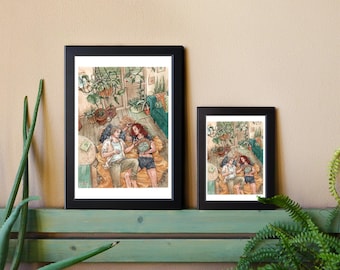 May include: Two people are lying on a bed in a room with plants. They are looking at each other and smiling. The room is decorated with plants and has a light brown floor.