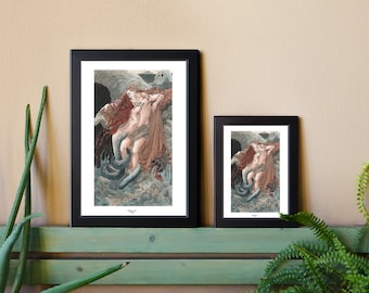 May include: A framed print of a woman with long red hair embracing a sea serpent. The woman is wearing a flowing robe and the serpent is wrapped around her. The print is set against a backdrop of rocks and water.