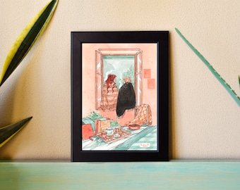 May include: A watercolor painting of two people sitting by a window, looking out at a snowy scene. They are wrapped in blankets and have a tray of tea and snacks in front of them.
