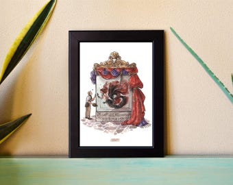 May include: A framed watercolor print featuring a mermaid with a red and black tail, displayed in a decorative frame. The print includes the text "REAL MERMAIDS" and a small figure of a person. The frame is black.