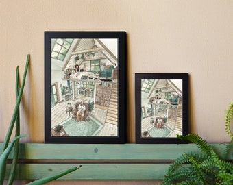May include: Two framed watercolor illustrations of a cozy loft apartment with a person sitting on a couch and a person lying on a bed. The illustrations are in black frames and are hanging on a wall with a light green wooden shelf below.