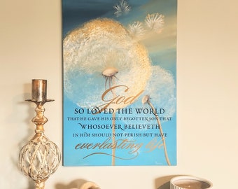 Dandelion Wall Art | Handpainted Original Stretched Canvas | White and Gold Dandelion |Turquoise and Gold |24x36 Canvas |Inspirational Quote
