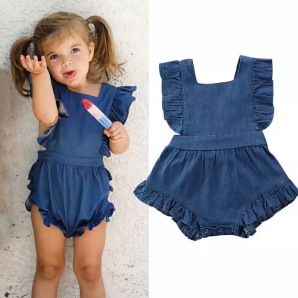 Baby jean overall, baby ruffle jean romper, Baby backless overall, Baby romper, Infant frill overalls, Summer baby girl outfit